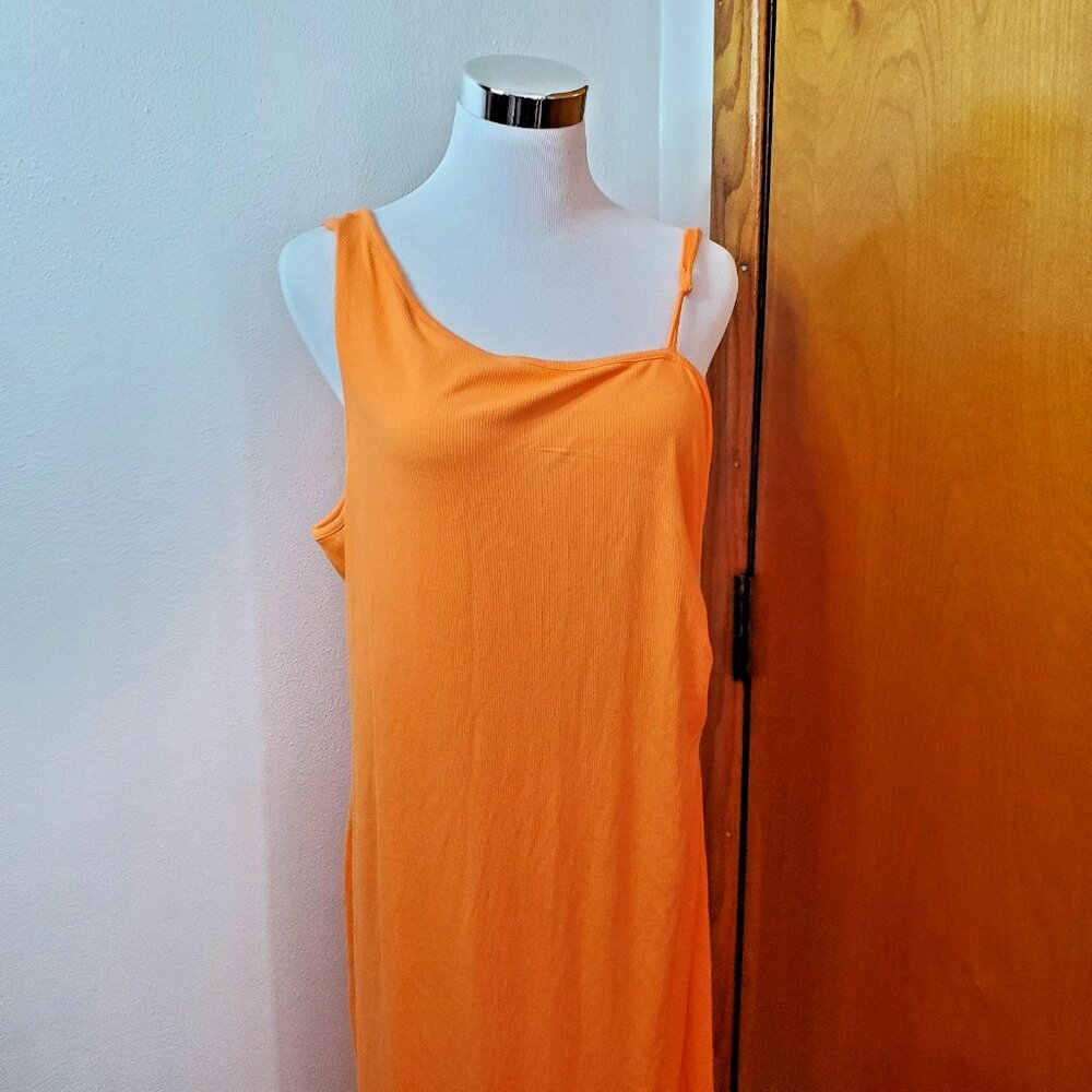 Women's 2X Orange Dress Madden NYC Asymmetrical Neckline Shirred Side Cut Out - Picture 6 of 14